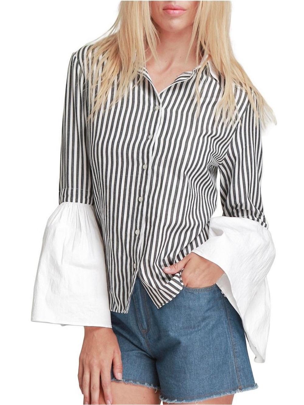 Walter Baker Black & White Striped Button-Down Bell Sleeves Cotton S